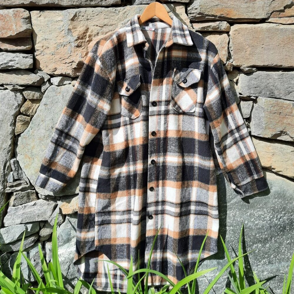 Flannel Tan, Black and White Shacket Shirt Jacket Long One Size made in Italy